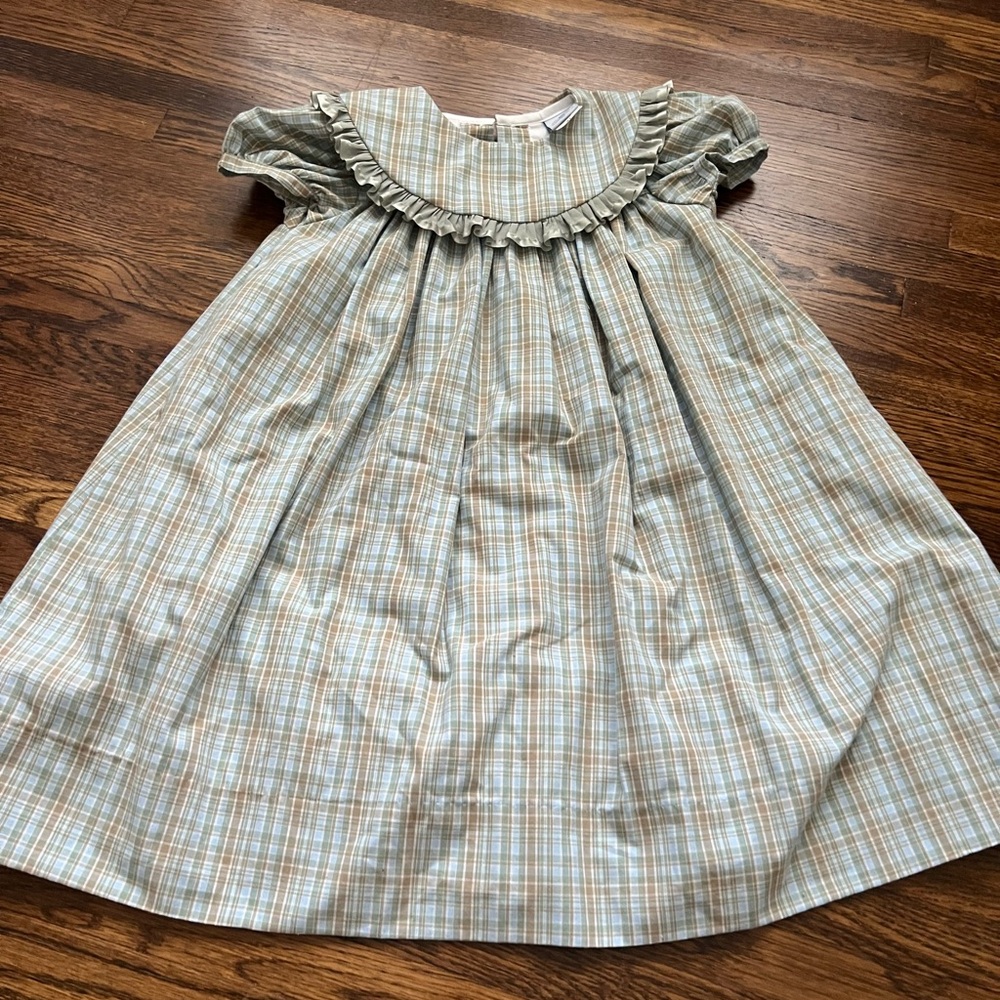 Bailey Boys Girls Plaid Ruffle Collar Dress in Sage and Cream